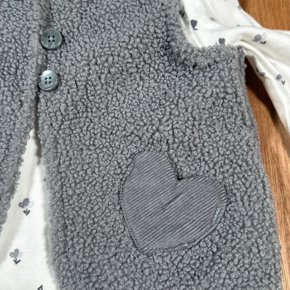 Carter's Vest Set Baby Girl 18M Grey Sherpa Floral Heart Pockets 2-Piece NWT
